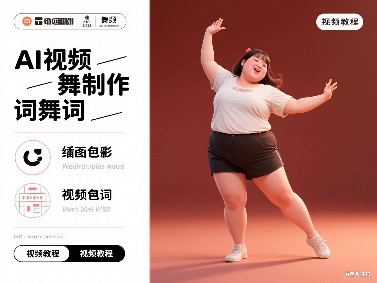 微胖女孩舞蹈AI视频制作提示词(含绘图词、视频词)跳舞+视频教程-亮剑学堂